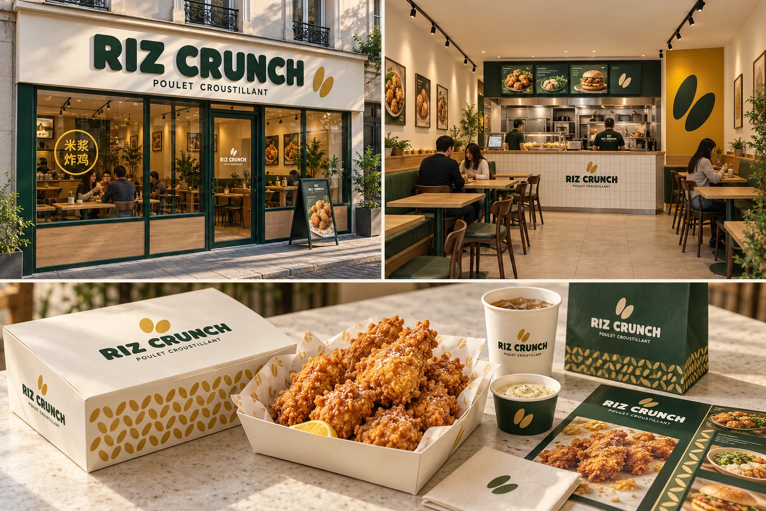 Le concept d’intérieur Riz Crunch : bois clair, banquettes vertes et comptoir ouvert.